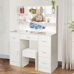 Vanrste Vanity Desk with Lights, Makeup Table with Drawers and Shelves, Dressing Table with Adjustable Brightness, Bedroom, Bathroom, White