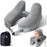 Neck Pillow for Travel Inflatable Airplane Pillow Comfortably Supports Head,Neck and Chin,Inflatable Travel Pillow with Soft Velour Cover,Hat,Portable Drawstring Bag (Grey)