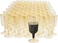 MATANA 50 Elegant Clear Hard Plastic Wine Glasses with Gold Glitter (170ml) - Sturdy & Reusable Glasses for Cocktails, Dessert - Birthdays, Weddings, Christmas, BBQ, Picnic, Parties