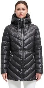 BINACL Women Thickened Modern Glossy Down Alternative Jacket,Snowboard Ski Stylish Puffer Parka Jacket Water Resistant Outwear Hooded Long Warm Winter Shiny Padded Coat with Adjustable Waist(Black S)