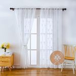 LIVETTY Original Net Curtains 90 Inch Drop Curtain 2 Panels Set Windows White Eyelet Curtain Transparent Linen Style Voile Curtain 3D Floral Classic Embroidery for Bedroom, Living Room, Kitchen