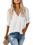 EVALESS V Neck Blouses for Women Dressy Casual Summer Puff Short Sleeve White Tops Loose Fit Solid Color Shirts with Smocked Cuffs Large