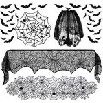 40 PCS Halloween Decorations Tablecloth Set - Halloween lace Round Tablecloth，Spooky Bat Spiderweb Lace Rectangular Tablecloth，Fireplace Mantel Scarf and Spider Lampshade with 36pcs Scary 3D Bat