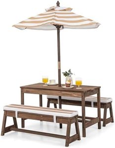 HONEY JOY Kids Picnic Table, Outdoor Wooden Table & Bench Set w/Removable Cushions and Umbrella, Stripe Fabric, Children Backyard Furniture for Patio Garden, Gift for Toddler Boys Girls Age 3+(Coffee)