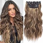 20 Inches Brown Hair Extensions Clip in, 4Pcs Synthetic Clip in Hair Extension, Wavy Long Clip on Hair Extensions, Natural Thick Wavy Hair Pieces for Women (Brown Mixed Blonde, 4Pcs)