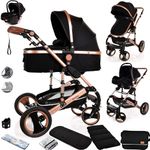 Baby Stroller 3 in 1 Pram Pushchair Buggy Child Lightweight Folding Stroller 3 in 1 Travel System Pram for Newborns Toddlers from Birth Aluminium NEW Upgraded 2025 Style (Black - Rose Gold Frame)