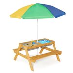 DORTALA Kids Picnic Table, 3-in-1 Water & Sand Activity Table with Height Adjustable Umbrella & Removable Tabletop, Outdoor Wooden Bench & Table Set for Toddler, for Garden, Yard & Patio, Natural