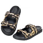 Kruldian Women's Slides Platform Sandal Leopard Comfort Flat Sandals Adjustable Buckle Sandals Flats Slides Shoes for Summer Beach, 6, 6-6.5 Narrow