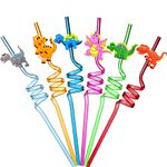 Ulife Mall Reusable Drinking Straws Novelty Dinosaur Party Straws Curly Hard Plastic Straws Kids Birthday Party Decorations Supplies Family Reunion Party Favors - Pack of 6