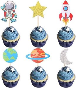 SYKYCTCY 36 Pack Space Astronaut Cupcake Toppers Planet Rocket Spaceship Trip to the Moon Star Cupcake Picks Universe Outer Space Theme Baby Shower Birthday Party Cake Decorations Supplies