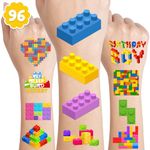 Building Block Temporary Tattoo Stickers | 12 Sheets (96 PCS) Perfect for Birthday Party Decorations and Cute Party Favors, Ideal for Classroom School Prizes Themed for Unforgettable Celebrations