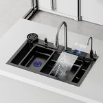 Stainless Steel Kitchen Sink – Sink with LED Display, Waterfall Sink Smart Sink Easy Installation and Double Waterfall Design,Includes Various Accessories,with Installation Video (75 x 45 x 22 cm)