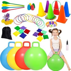 CWLAKON 53PCS Carnival Outdoor Games Combo Obstacle Course Set for Kids, Hopper Balls, Ring Toss, Bean Bags, Egg Spoon Relay Race, Outside Yard Backyard Field Day Birthday Party Family Reunion Game
