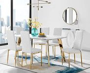 Furniturebox UK Andria Large 6 Seater White Marble Effect and Gold Leg Dining Table & 6 White Faux Leather Gold Leg Milan Dining Chairs
