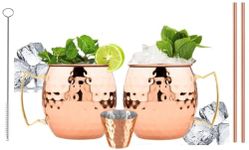 BOLD & DIVINE Copper Plated Moscow Mule Mugs Set of 2 | 18 Oz Hammered Cups with 304 Stainless Steel Lining and Gold Brass Handles | Bonus Copper Straws, Shot Glass & Cleaning Brush