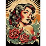 Artery8 Pin Up Girl Roses Retro Tattoo Ink Body Art Rockabilly Americana 50s Large XL Wall Art Canvas Print