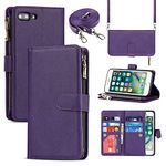 Jaorty Compatible with iPhone 7 Plus / 8 Plus Wallet Case,[9 Card Slots] Crossbody Necklace Lanyard Shoulder Strap Zipper Magnetic Leather Case for iPhone 7 Plus,5.5" Purple