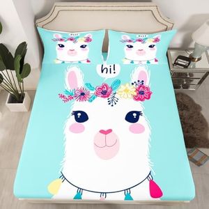 Feelyou Girls Cute Llama Fitted Sheet Cartoon Llama Alpaca Bedding Set Lovely Animal Theme Bed Sheet Set for Daughter Colorful Floral Flowers Bed Cover Room Decor Queen Size