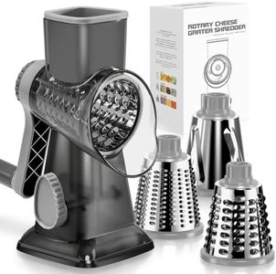 KEOUKE Rotary Cheese Grater with Handle Vegetable Cheese Shredder Slicer Grater for Kitchen 3 Changeable Blades for Cheese Potato Zucchini Nuts Chocolate (Dark Grey SP)