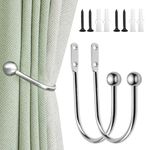 2 Pieces Curtain Tie Backs Hooks - Wall Mounted Curtain Holdbacks with Screws - Chrome Curtain Tie Back Hooks for Home Decor - Silver