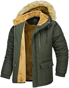 MAGCOMSEN Mens Jackets Winter Thermal Long Coats Parka Coats with Fur Hood Padded Water-Resistant Winter Coat with Fleece Lined Breathable Thermal Jackets Outdoor Fishing Coats, Army Green