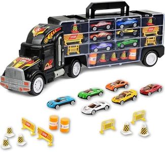 Toy Truck Transport Car Carrier Toy for Boys and Girls Age 3-10 yrs Old - Hauler Truck Includes 6 Cars and Accessories - Fits 28 Car Slots - Ideal Gift for Kids