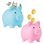 2 Pack Cute Piggy Bank, Unbreakable Plastic Money Banks, Coin Bank for Girls and Boys, Gifts and Presents for Birthday, Christmas, New Year (Pink, Blue)