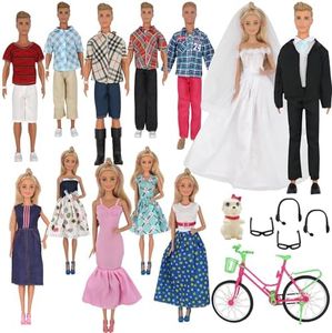 ZTWEDEN 33Pcs Doll Clothes and Accessories for Ken Dolls and Barbie Dolls Includes 20 Wear Clothes Shirt Jeans Suit and Wedding Dresses,Glasses Earphones Dog and Bike for Ken Barbie Doll