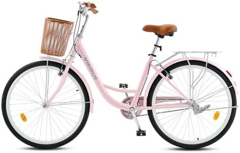 Viribus Beach Cruiser Bike for Women, 26 inch Womens Cruiser Bike, Womens Bike with Basket 1 Speed, Beach Cruiser Bike for Short Women, Step Through Bike, Commute Bicycle Women Adults, Pink