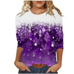 JISDFKFL Women's Christmas Sweatshirt, 3/4 Sleeves Sweaters Round Neck Fashion UK Funny Graphic Christmas Snowflake Print 2023 Fall Outfit Pullover Xmas Festive Costume Purple