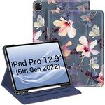 Fintie Folio Case for iPad Pro 12.9" 6th Generation 2022, Multi-Angle Smart Stand Cover w/Pencil Holder & Pocket, Also Fit iPad Pro 12.9 2021 5th & 2020 4th & 2018 3rd Gen, Blooming Hibiscus