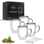 LIBWYS 4 Pack 350ml Double Walled Coffee Cups Glasses Mugs with 4 Spoons, Cappuccino Latte Tea Cups with Handle, Heat Resistant Cup Drinking Glasses