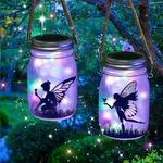 Fairy Solar Lantern Outdoor, 2 Pack Solar Fairy Lights Glass Mason Jar LED Hanging Lamp, Fairy Garden Ornaments Outdoor, Garden Accessories Outdoor for Table, Yard, Garden, Patio, Lawns (Multicolor)