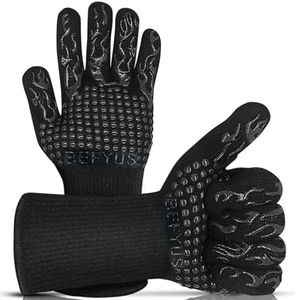 BBQ Glove Extreme Heat Resistant 1472°F Oven Gloves High Heat Resistant Silicone Oven Mitts for Kitchen Long Kitchen Gloves for Barbecue,BBQ Accessories,Grilling, Cooking, Baking,Fireplace (Black)