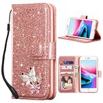 UEEBAI Wallet Case for iPhone 7 Plus/iPhone 8 Plus, Premium Glitter PU Leather Phone Case Card Slots Kickstand Case Magnetic Closure Bling Handbag Case Shockproof Hand Strap Flip Cover - Rose Gold