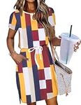 Hotouch Womens 2024 Summer Casual Dress Short Sleeve Crew Neck Tie Waist Hide Belly Midi T-Dress with Pockets