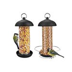 Urban Deco Hanging Mini Bird Feeders Set Metal Tube Mixed Seed Feeder with Hanger Peanut Feeder for Garden Outside Yard Great for Attracting Wild Birds (Black-2 Pack)