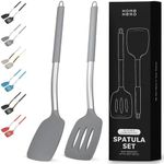 Home Hero Silicone Spatula Set with Ergonomic Handles - Stainless Steel High Heat Resistant Solid & Slotted Turner, BPA Free Non Stick Kitchen Utensils Set - Rubber Spatula (2 Pcs - Gray)