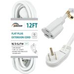 HONDERSON 12FT Extension Cord,Flat Plug 3 Prong Short Extension Cords,White 16 Gauge Heavy Duty Cable for Kitchen Home Appliance,UL Listed