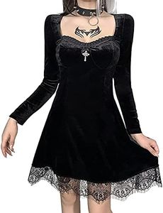 Goth Retro Court Lace Lantern Long Sleeve Hollow-Out O Neck Pure Black Temperament Velvet Midi Dress, Long Sleeve Dress Black, L