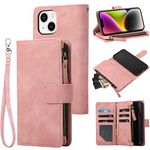RANYOK Wallet Case Compatible with iPhone 13 (6.1 inch), Premium PU Leather Zipper Flip Folio Wallet RFID Blocking with Wrist Strap Magnetic Closure Built-in Kickstand Protective Case (Pink)