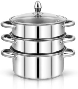 Pigeon Elantra Stainless Steel 3 Tier Steamer Pot Set with Glass Lid | Pasta Steamer Momo/Modak Maker | Vegetable Steamer | Rice Steamer (24cm)