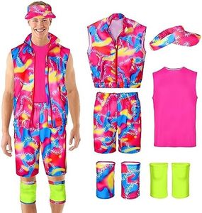 Cosrea Ken Costume for Men Sportswear Tank top Vest Beach Shorts Sun Visor Kneepad Outfit 80s Workout for Adult Halloween, Pink, Medium