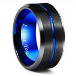 Greenpod 10MM Black Tungsten Ring for Men Thin Blue Line Groove Beveled Edge Wedding Band I Love You Comfort Fit Size 10