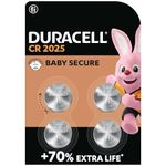 DURACELL 2025 Lithium Coin Batteries 3V (4 Pack) - Up to 70% Extra Life - Baby Secure Technology - For Use in Key Fobs, Fitness Watches and 3D Glasses - Baby Secure Packaging