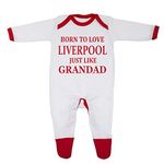 'Born to Love Liverpool Just Like Grandad' Baby Boy Girl Sleepsuit Designed and Printed in the UK Using 100% Fine Combed Cotton (9-12 Months, White/Red Trim, 9_months)