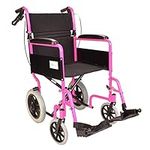 Lightweight folding transit travel wheelchair with brakes - only 11kg - Pink