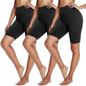 YOLIX 3 Pack Biker Shorts for Women – 8" Black High Waisted Workout Athletic Cheerleading Yoga Shorts, Black/Black/Black, Large-X-Large