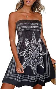CHICGAL Women's Coverup Dress Bohemian Beach Dress Strapless Floral Print Cover-up Dresses (Black02 S)