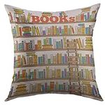 Mugod Decorative Throw Pillow Cover for Couch Sofa,Bookstore Doodle Books Shelves Collection with Ladder for Store Library Reading Club Bookshelf Classroom Home Decor Pillow case 18x18 Inch